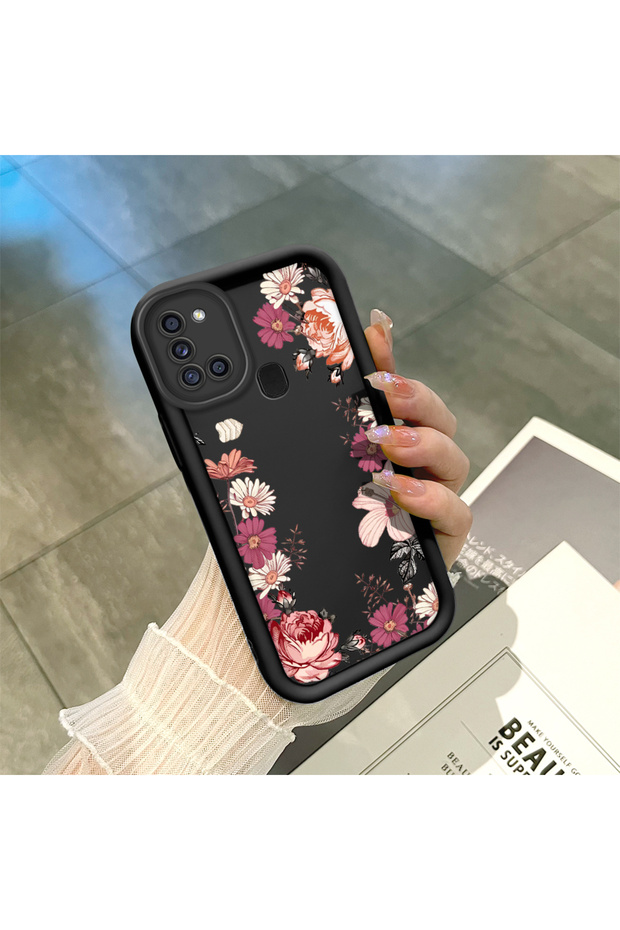 Samsung Galaxy A21S Compatible Black Silicone Case Shockproof Camera Protected Flower Pattern