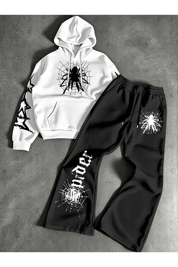 Unisex Men's and Women's Spider Printed Oversize 3 Thread Hooded Baggy Bottom Tracksuit Set