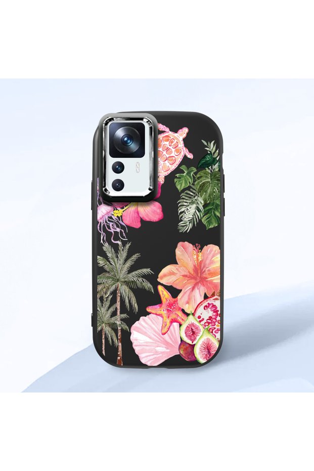 Mi 12t Compatible Shock-Absorbing Camera Protected Black Silicone Case Floral Print