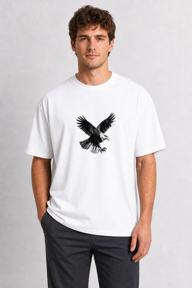 Men's White Halftone Eagle Poster Graphic Printed Regular Fit 100% Cotton T-Shirt