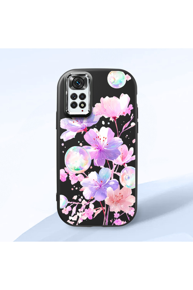 Redmi Note 11/Note 11S Compatible Black Silicone Case with Shock-Absorbing Camera Protections Floral Print