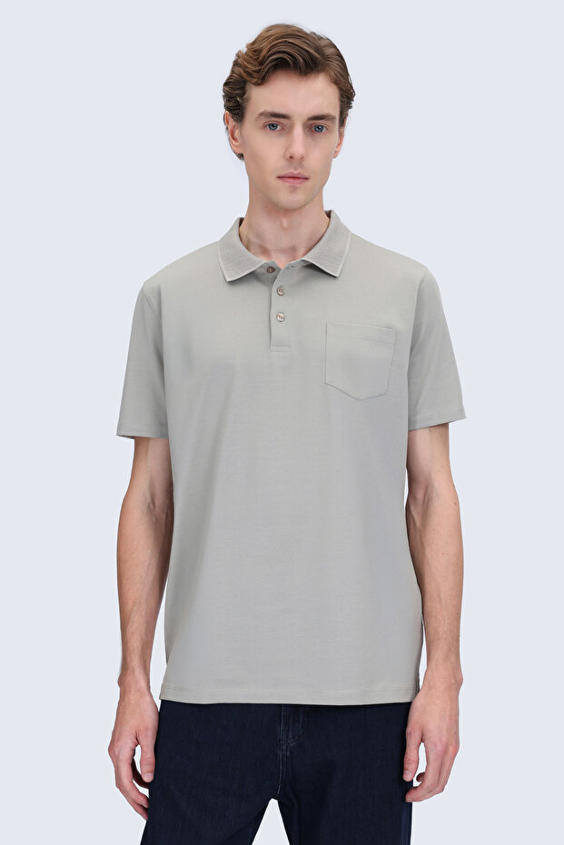 Khaki Regular Fit Polo Collar 100% Mercerized Cotton T-Shirt