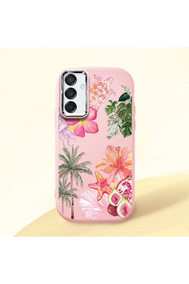 Samsung Galaxy M15 Compatible Shock-Absorbing Camera Protected Pink Silicone Case Floral Print