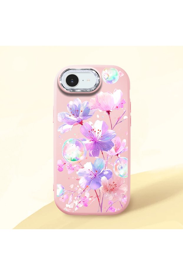 iPhone 16E Compatible Shock-Absorbing Camera Protected Pink Silicone Case Floral Print