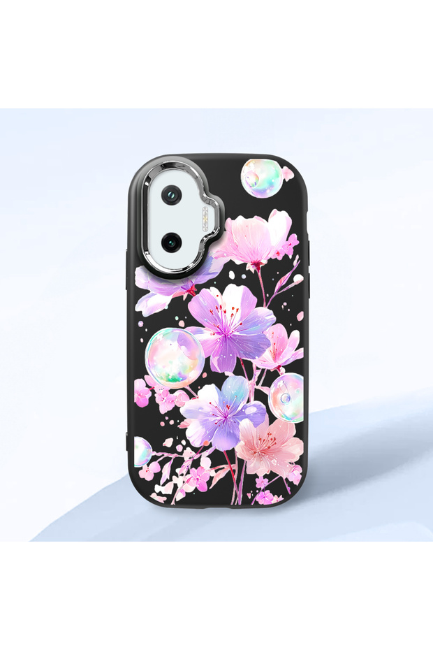 Poco F7 Compatible Shock-Absorbing Camera Protected Black Silicone Case Floral Print