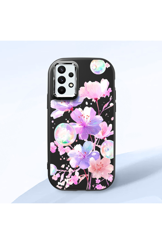 Samsung Galaxy A32 4g Compatible Shock-Absorbing Camera Protected Black Silicone Case Floral Print
