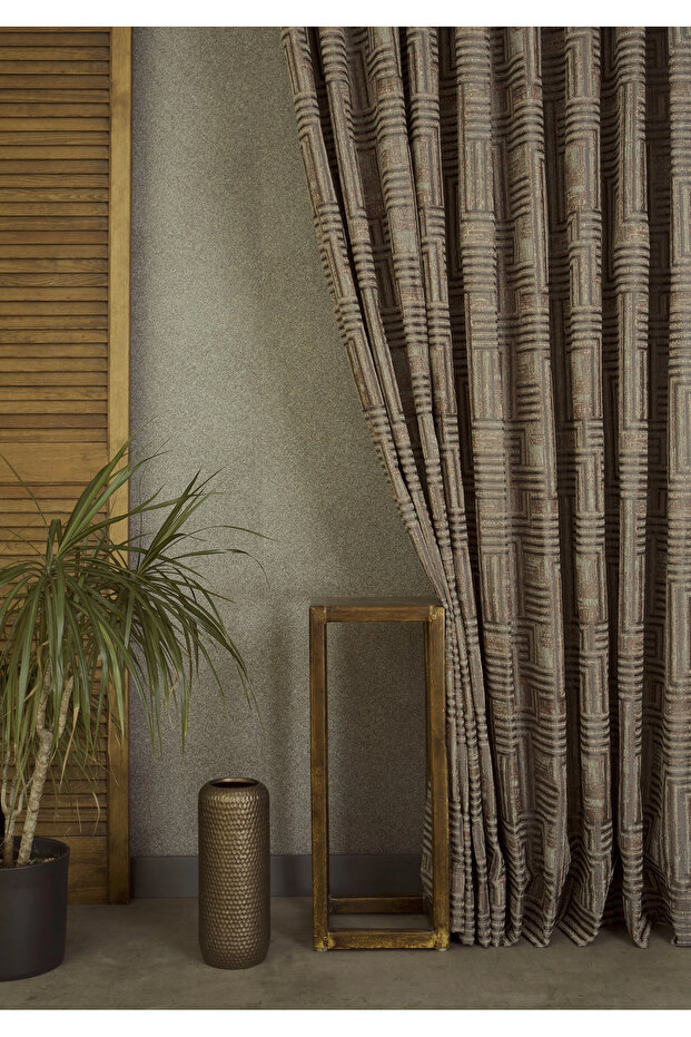 Geometric Maze Background Curtain Copper Brown 1-3 Tight Pleats