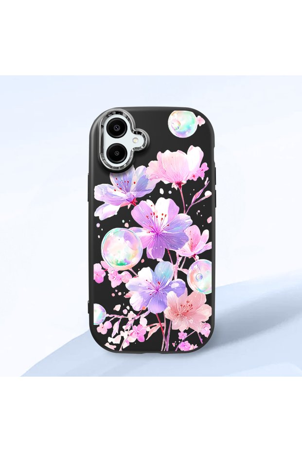 Samsung Galaxy A06 4g Compatible Black Silicone Case with Shock-Absorbing Camera Protections Floral Print