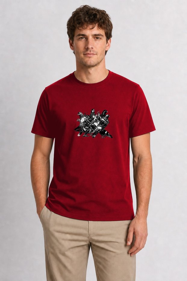 Men's Urban Pigeons Ink Print Design - Red