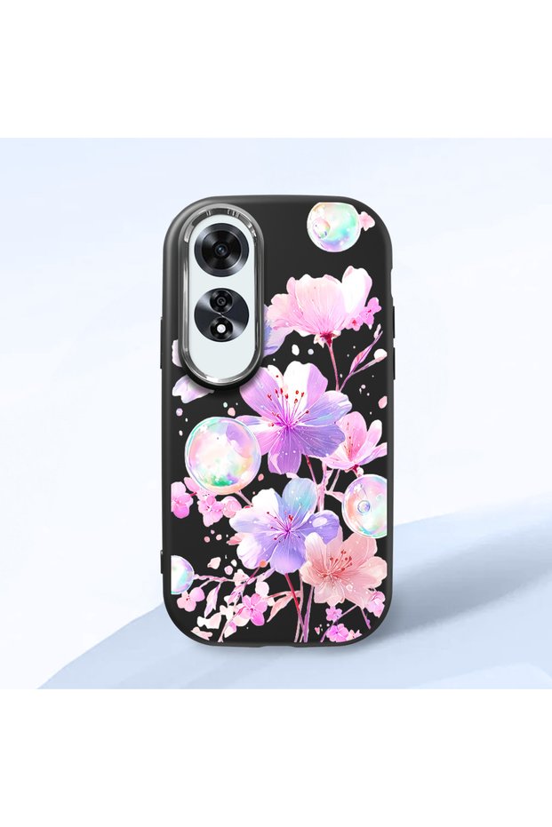 Oppo A60 Compatible Shock-Absorbing Camera Protected Black Silicone Case Floral Print