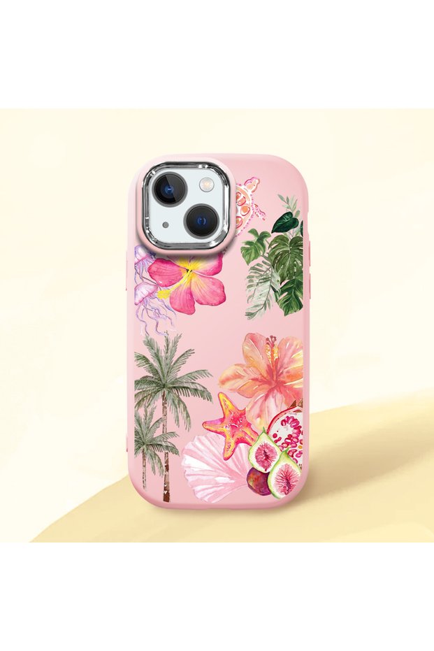 iPhone 13 Mini Compatible Shock-Absorbing Camera Protected Pink Silicone Case Floral Print