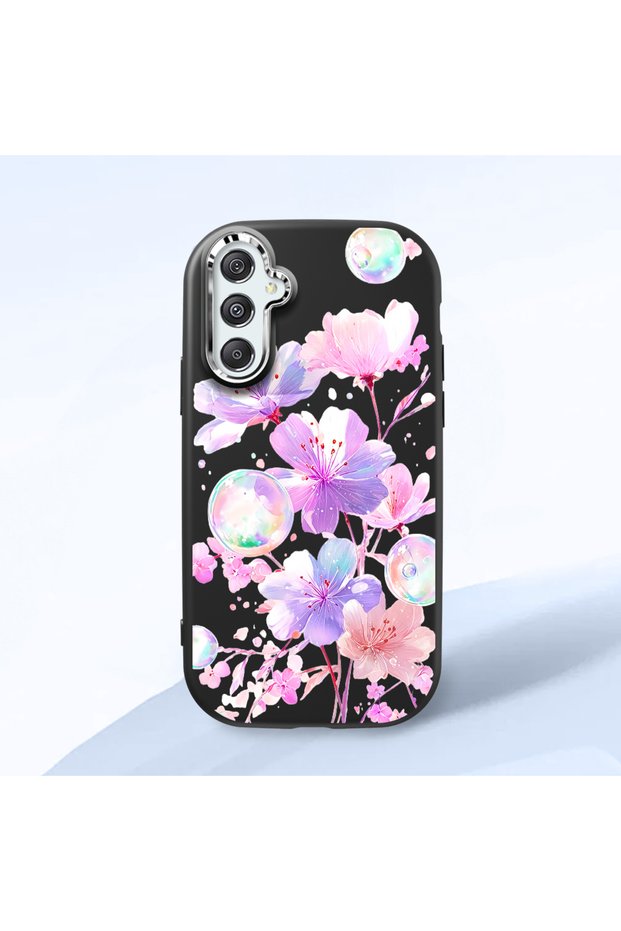 Samsung Galaxy M34 Compatible Shock-Absorbing Camera Protected Black Silicone Case Floral Print