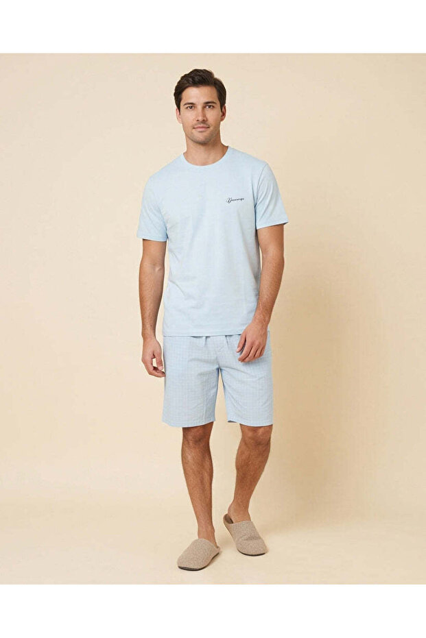 Men Light Blue T-Shirt & Check Shorts Set