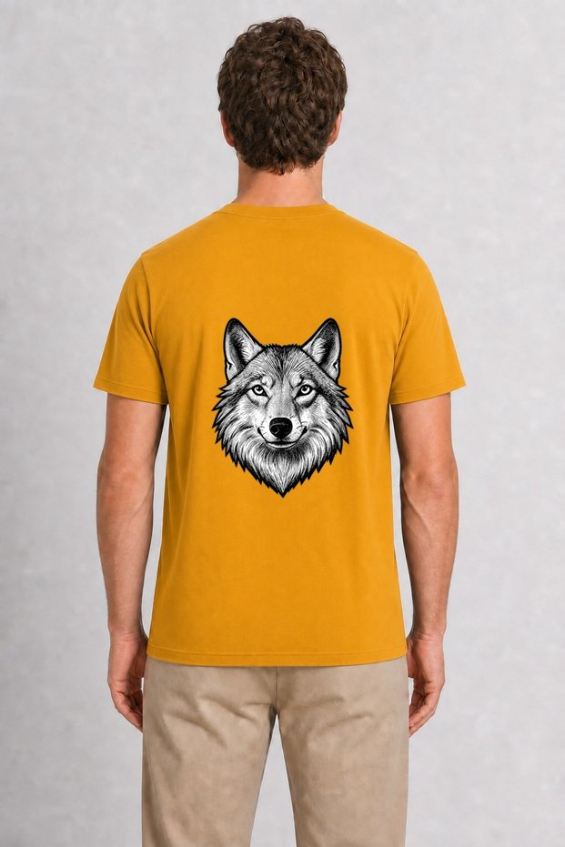 Men's Tattoo Style Wolf Image Back Print - Yellow