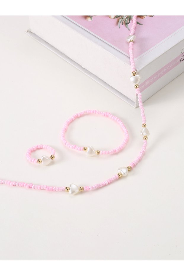 Girls Pink Beaded Heart Charm Necklace, Bracelet and Ring Set