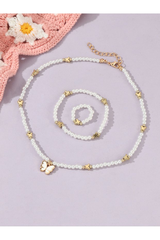 Girls White Butterfly Charm Pearl Necklace, Bracelet and Ring Set