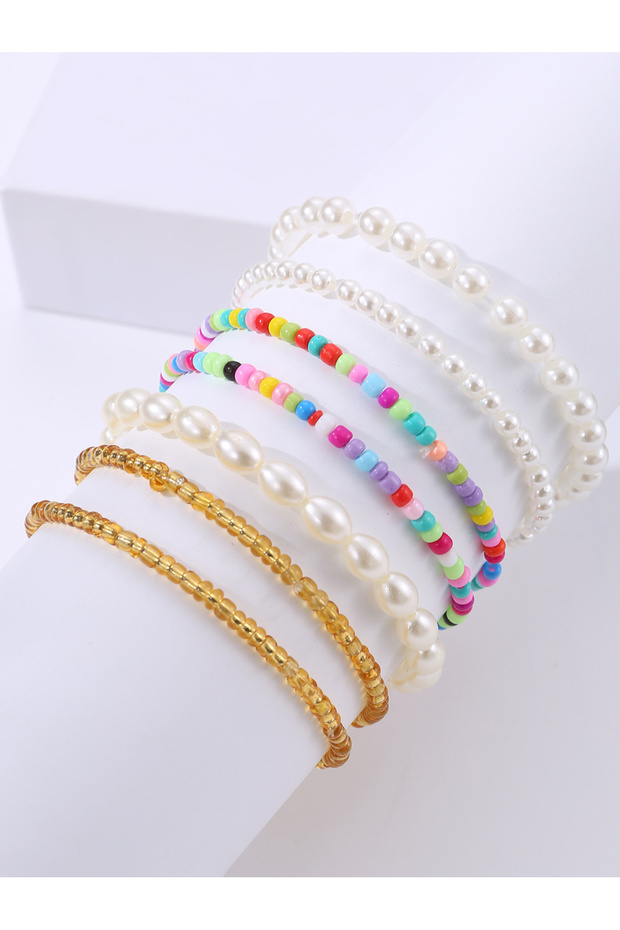 Pack of 7 - Girls Multi-Color Beaded and Pearl Elastic Bracelets