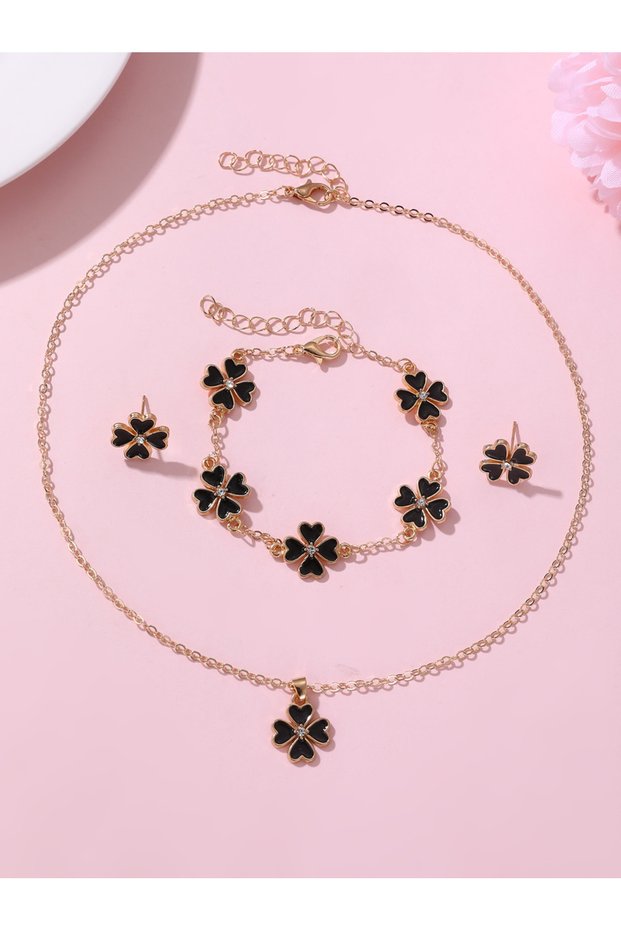 Girls Black Clover Charm Necklace, Bracelet and Earrings Set
