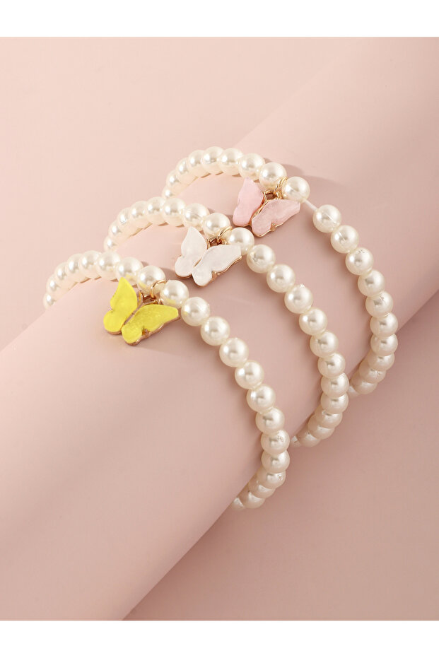 Pack of 3 - Girls Multi-Color Butterfly Charm Pearl Bracelets