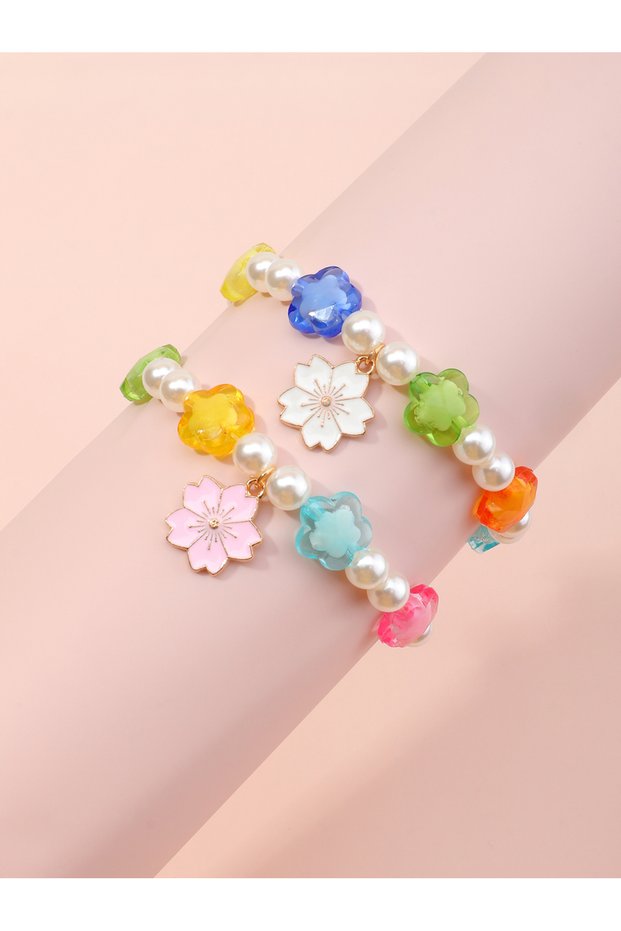 Pack of 2 - Girls Multi-Color Flower and Pearl Bracelets