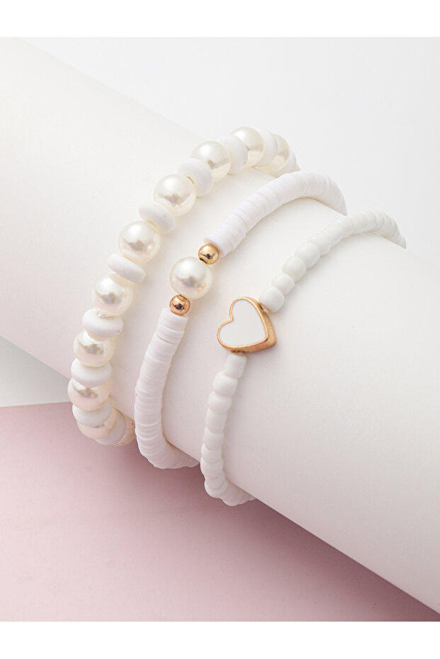 Pack of 3 - Girls White Pearl and Heart Beaded Bracelets
