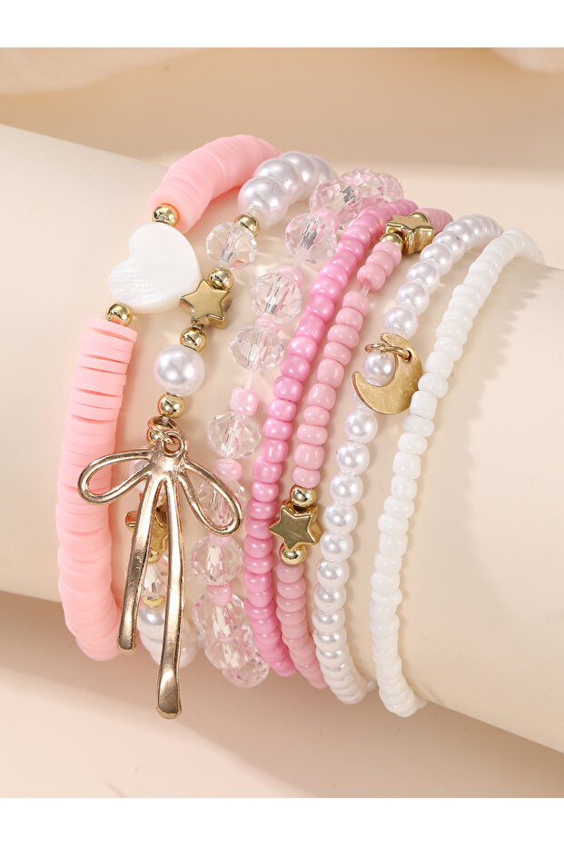 Pack of 7 - Girls Multi-Color Beaded Bracelets with Charms