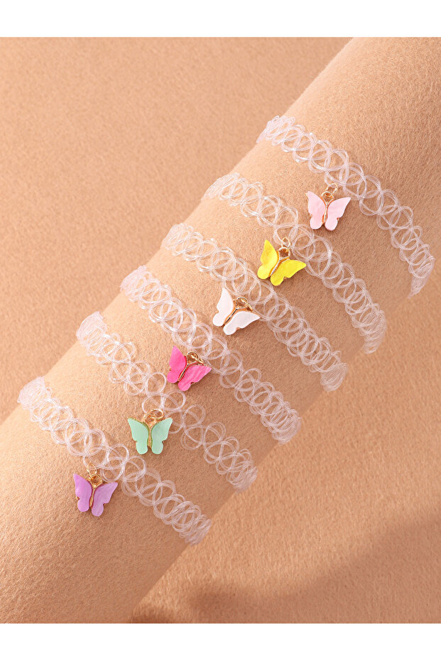 Pack of 6 - Girls Multi-Color Butterfly Pendant Choker Necklaces