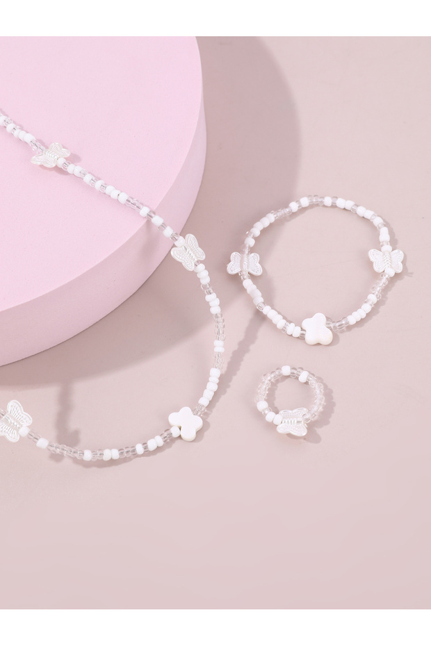 Girls White Butterfly Charm Beaded Necklace, Bracelet and Ring Set