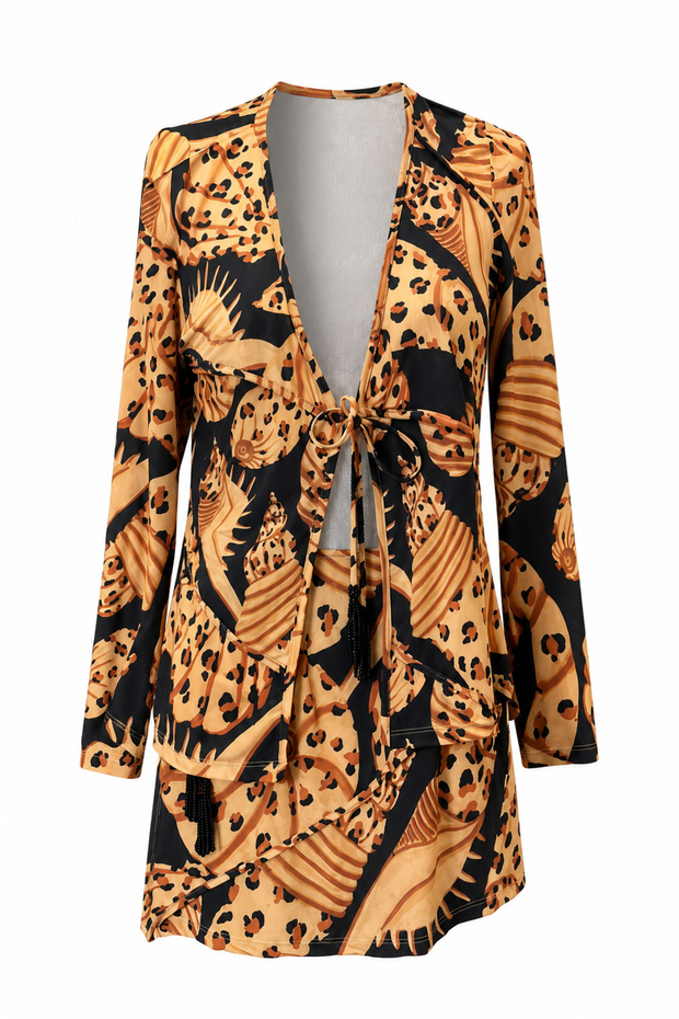Tied Patterned Skirt Blouse Set