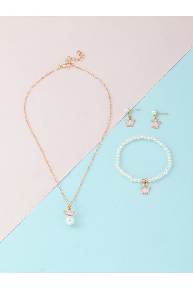 Girls Multi-Color Crown Charm Necklace, Earrings and Pearl Bracelet Set