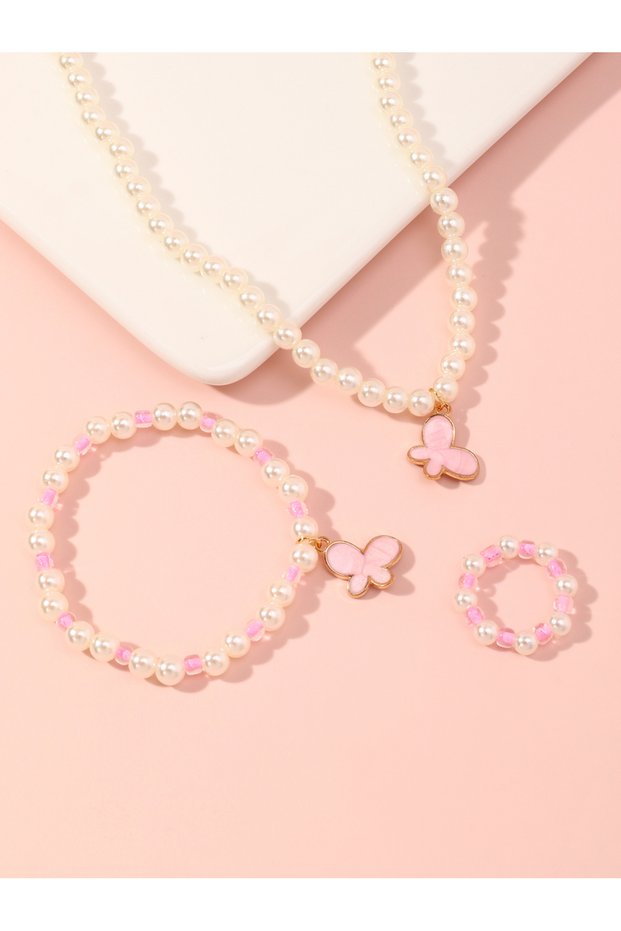 Girls Multi-Color Butterfly Charm Pearl Beaded Nacklace, Bracelet and Ring Set