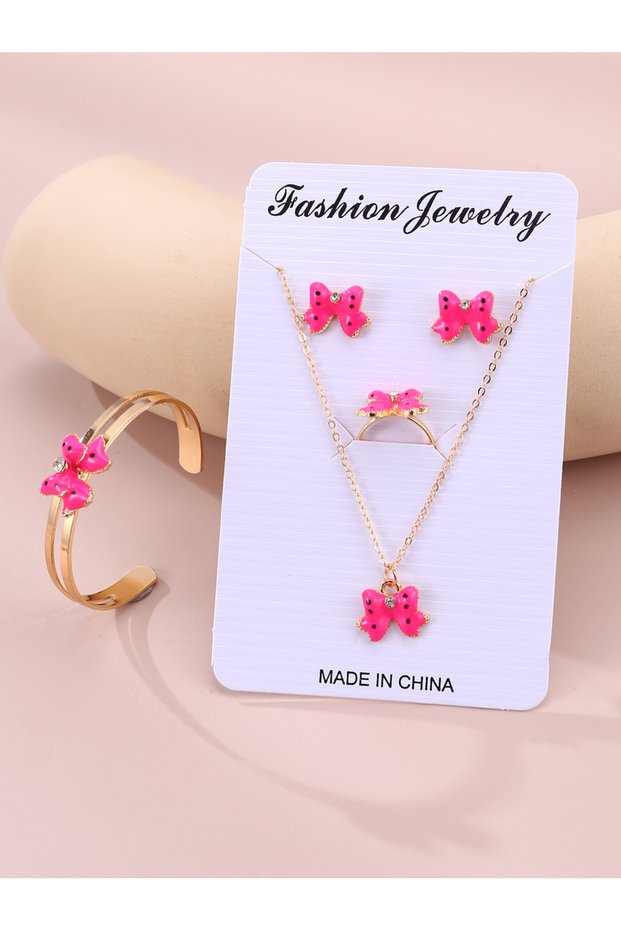 Girls Pink Bow Charm Necklace, Bracelet, Ring and Earrings Set