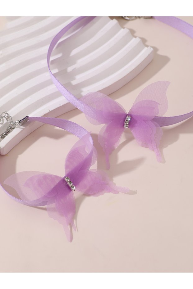 Girls Purple Lace Butterfly Charm Choker and Bracelet Set
