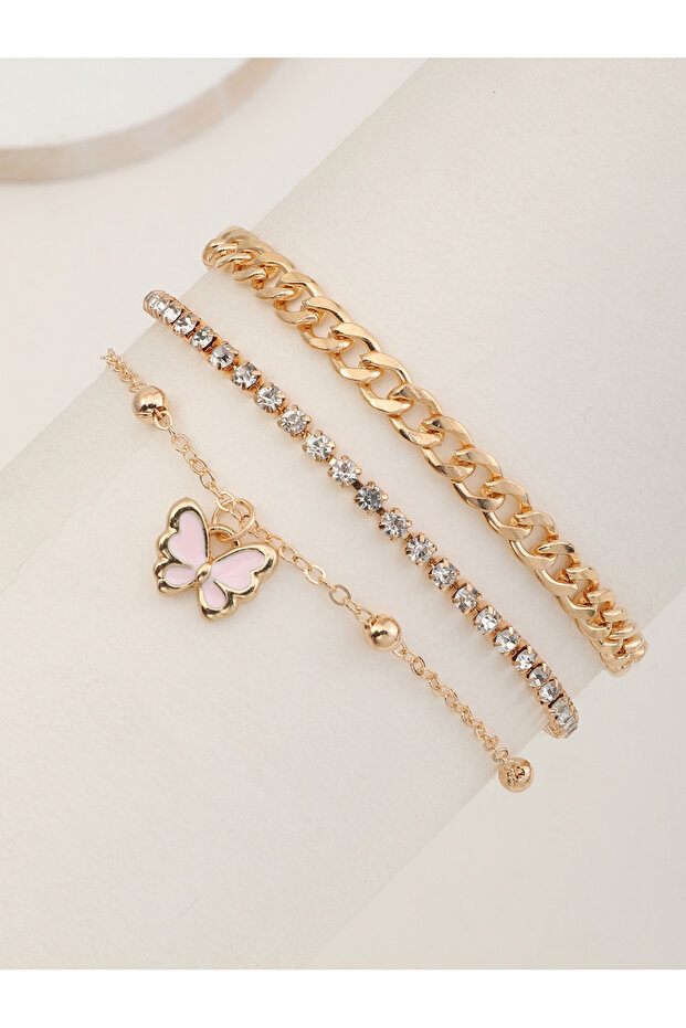 Pack of 3 - Gold Tone Rhinestone Embellished Bracelets with Butterfly Charm