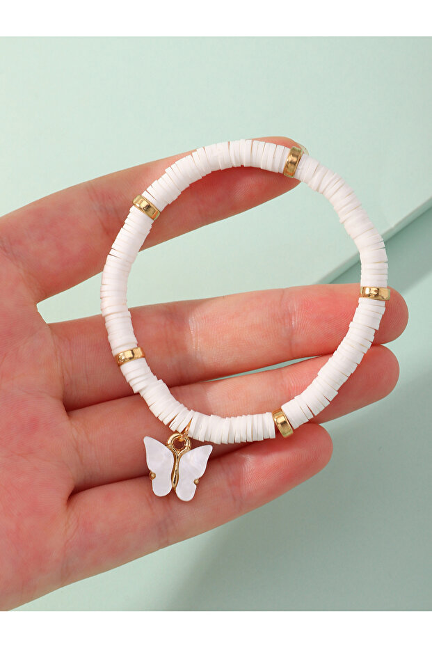 Girls White Butterfly Charm Beaded Bracelet