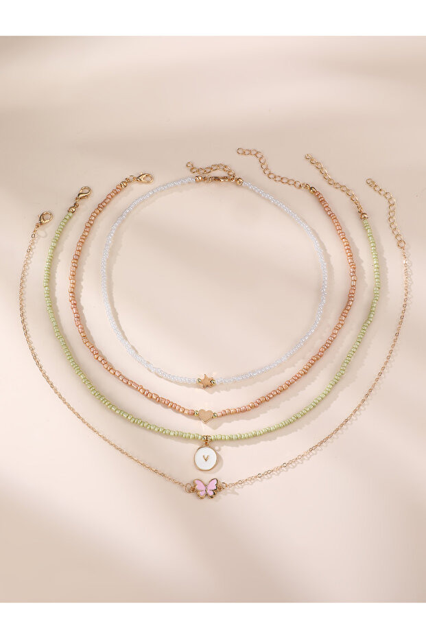 Pack of 4 - Girls Multi-Color Beaded Necklaces with Hearts and Butterfly Charms