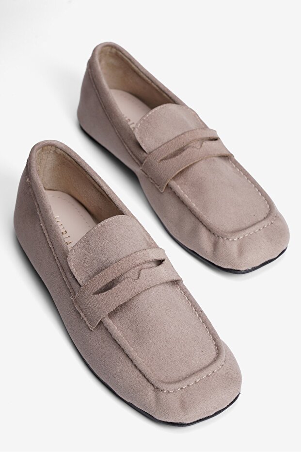 Women's Suede Ballerina Square Toe Loafer Sena Beige