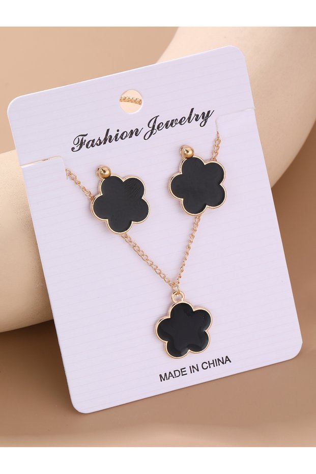 Girls Black Flower Pendant Necklace and Earrings Set