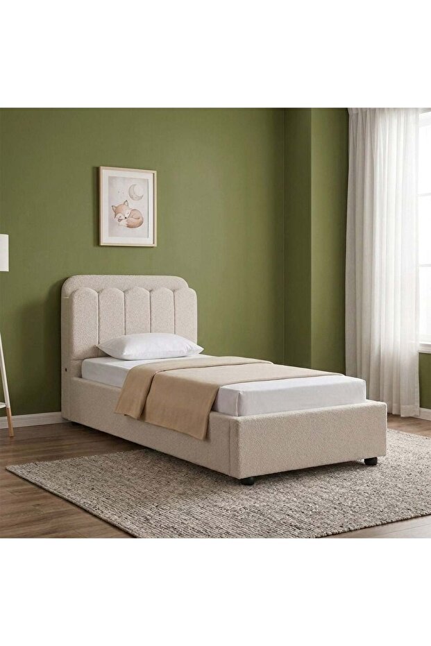 Maxillux Linea 120X200 Upholstered Kids Bed With Usb-beige, Engineered Wood, Fabric