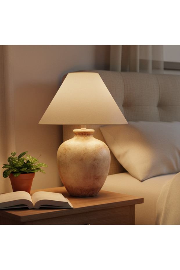 Antik Ceramic Table Lamp - Cream - E27 - D33x53 Cm, Steel, Linen, L 37 x W 37 x H 40 cm