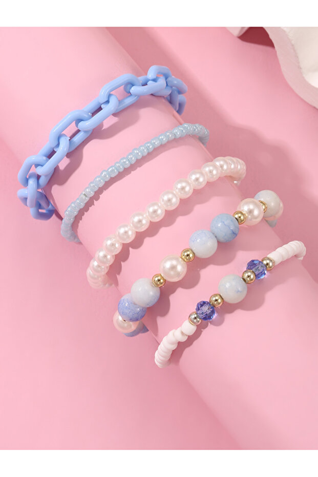 Pack of 5 - Girls Multi-Color Beaded and Chain Bracelets
