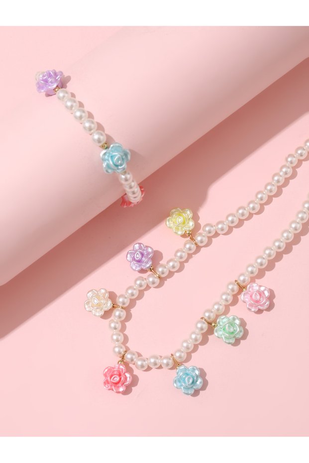 Girls Multi-Color Flower Charm Pearl Necklace and Bracelet Set