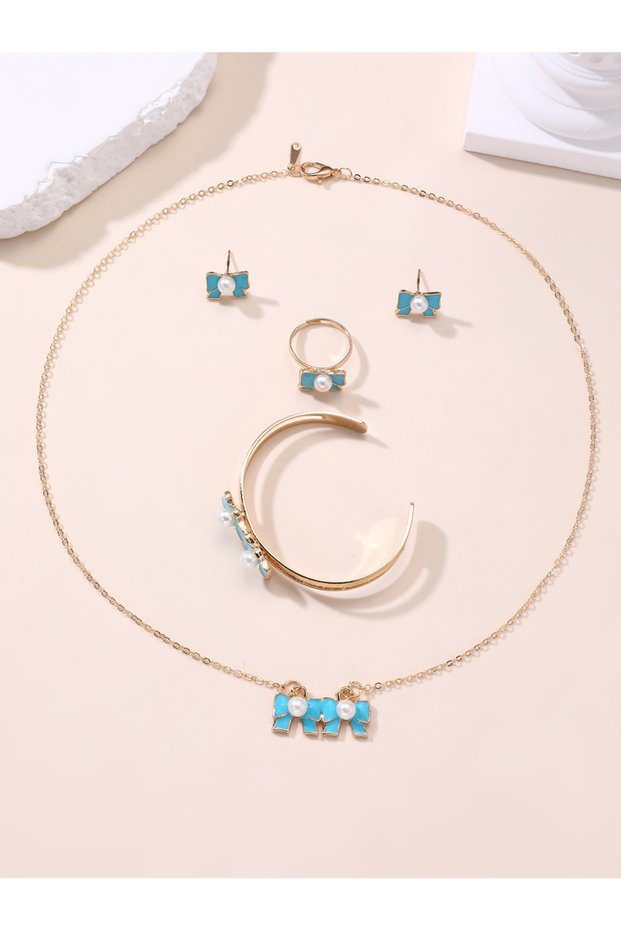 Set of 5 - Blue Bow And Pearl Jewelry Set