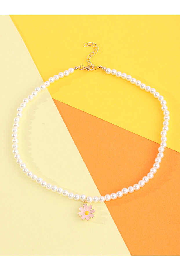 Girls White Flower Pendant Pearl Beaded Necklace