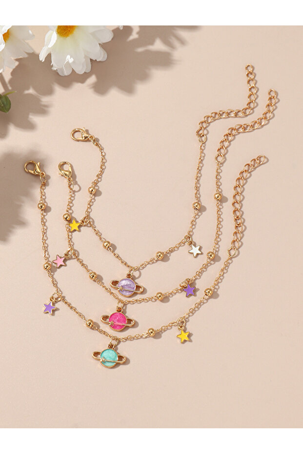 Pack of 3 - Girls Multi-Color Star and Planet Charm Bracelet