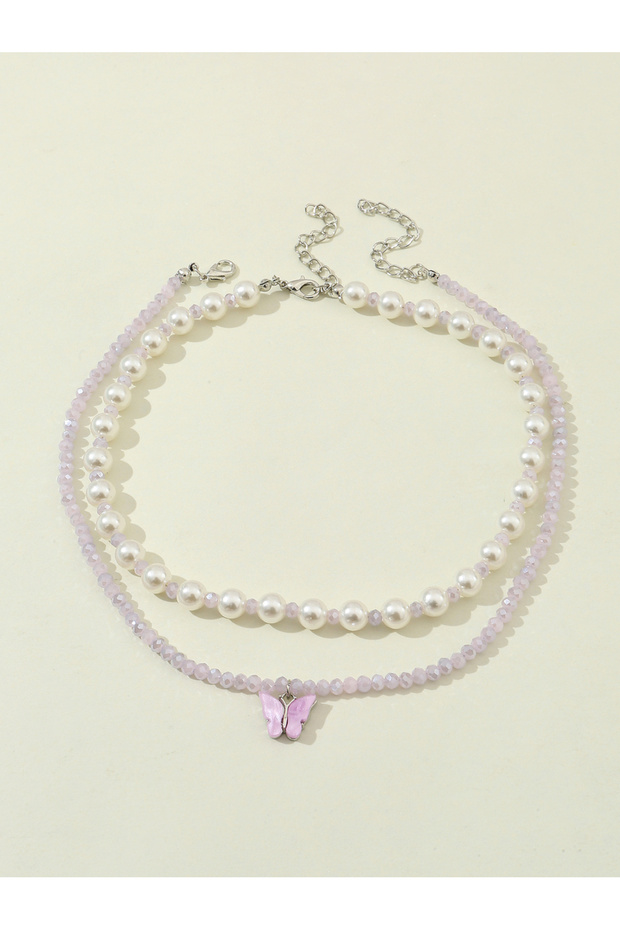 Pack of 2 - Girls Multi-Color Pearl and Butterfly Pendant Necklaces