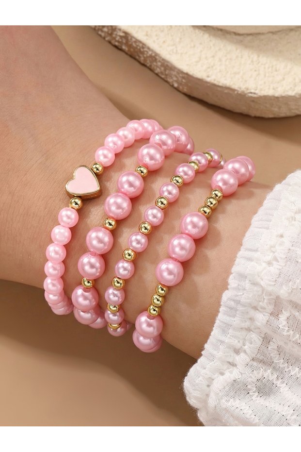 Pack of 4 - Girls Dark Pink Pearl and Heart Charm Bracelets