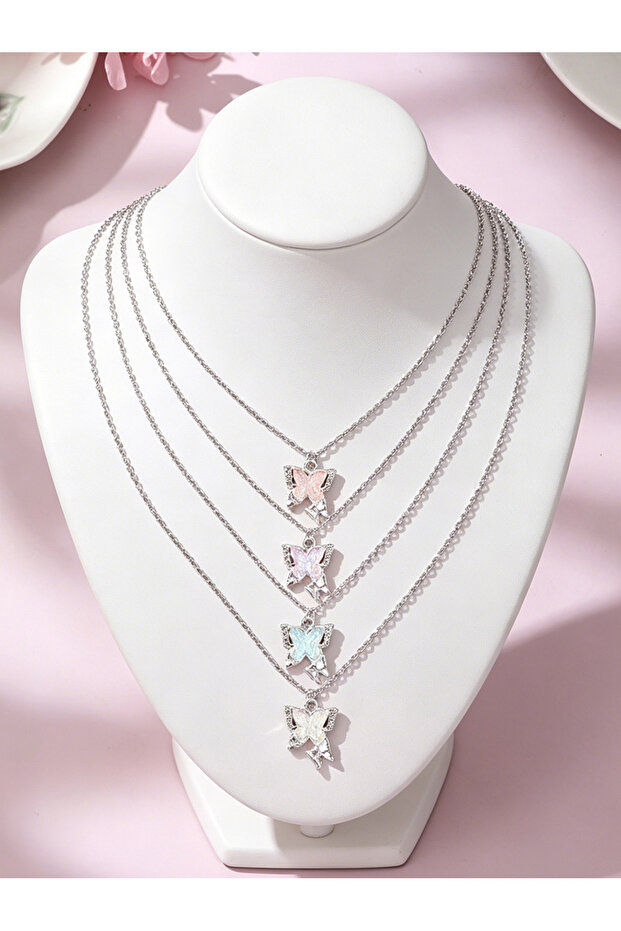 Pack of 4 - Girls Shimmering Butterfly Pendant Necklace