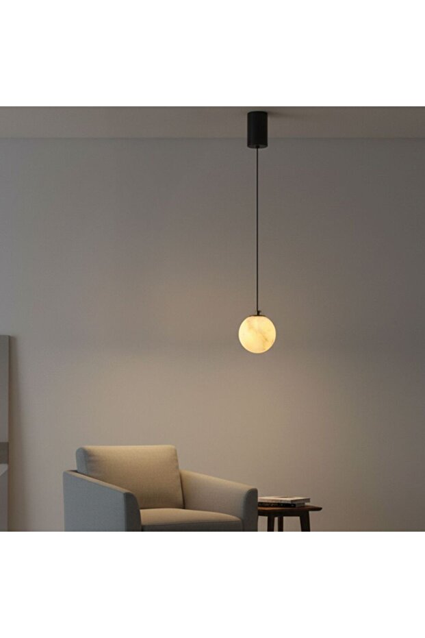 Roma LED Pendant Lamp – Marble And Metal – Natural Marble – Adjustable Length Up To 2 M, White, Iron