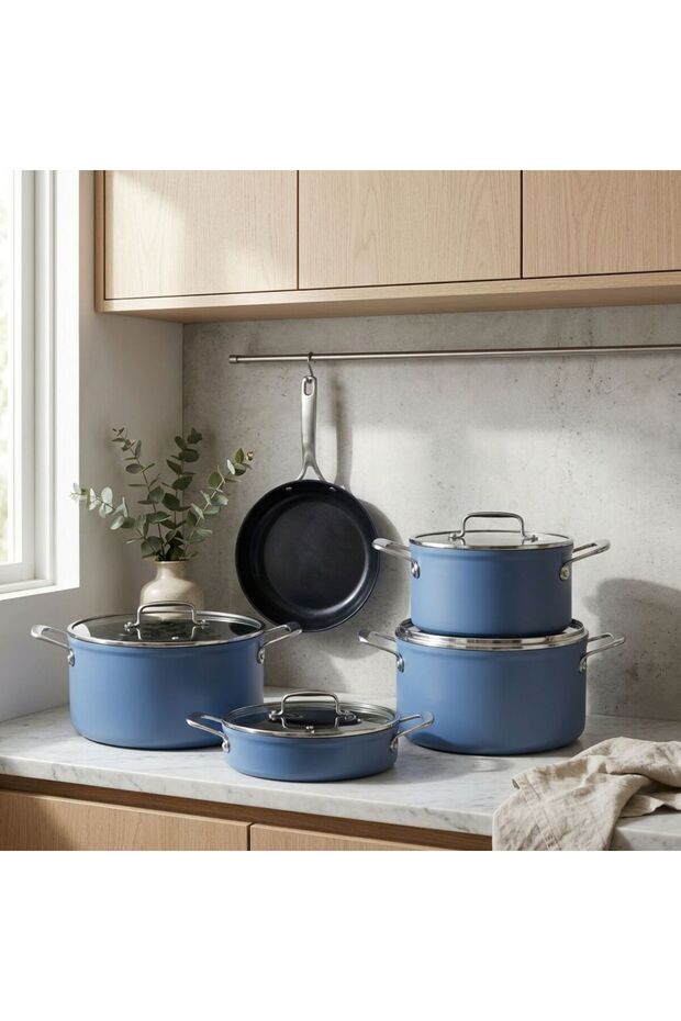 Crystal 9 Piece Cookware Set, Blue, Forged Aluminium, Steel, Cookware Sets